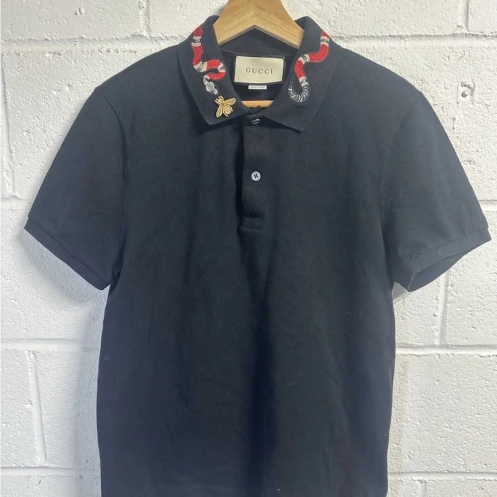 Gucci Kingsnake Golden Bee Black Polo with Embroidered Collar